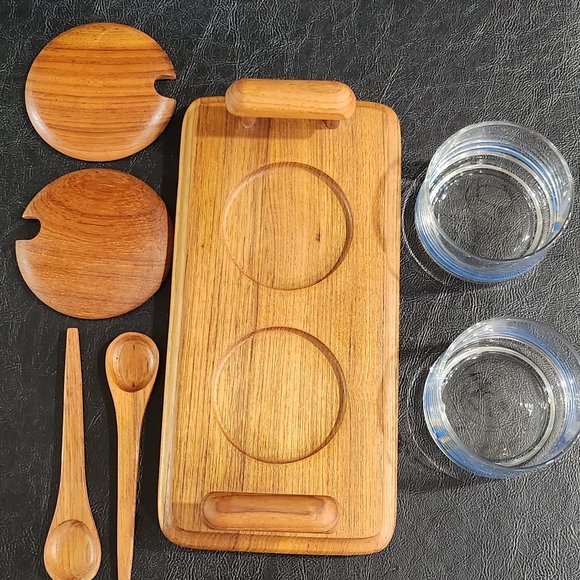 Mid Century Danish Modern 1969 Teak Condiment Set With Tray And Spoons - Picture 3 of 8
